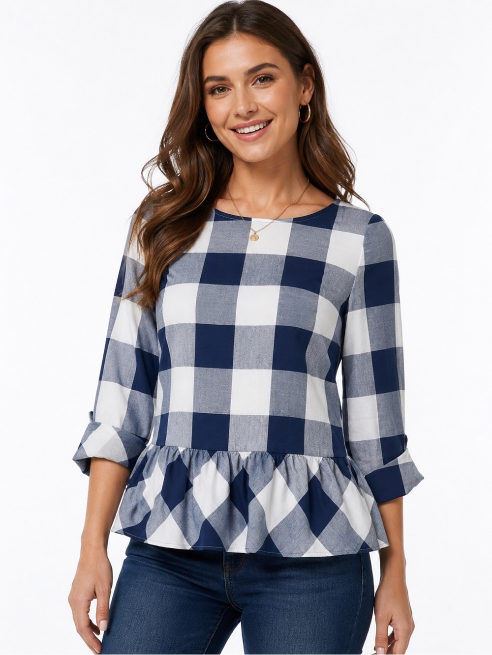 Southern Tide Jillian Navy Check Peplum Top Size 8